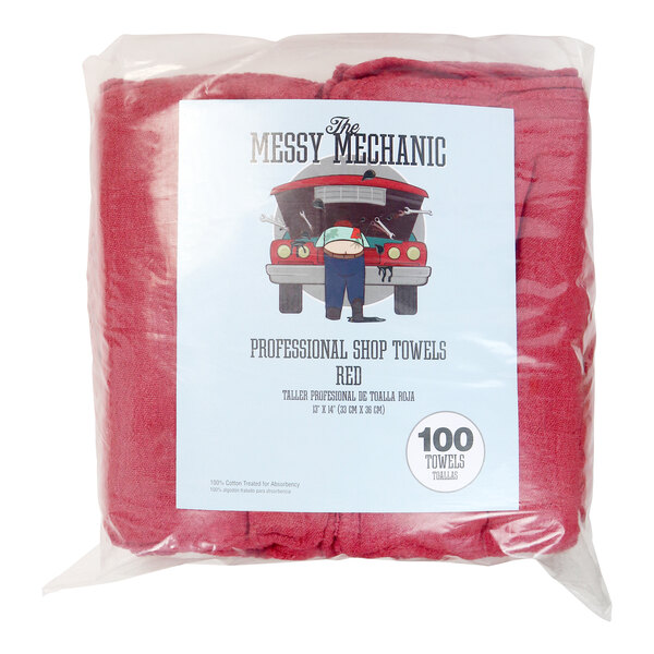 A red plastic bag with Monarch Brands Messy Mechanic red shop towels inside.