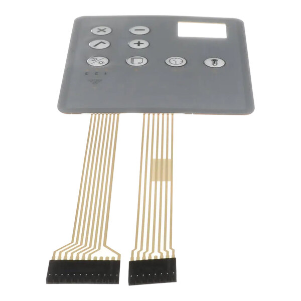 A grey rectangular Merco keypad with buttons and two wires.