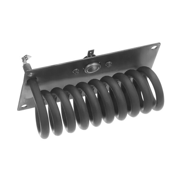 A black coil on a metal plate with a spring attached.