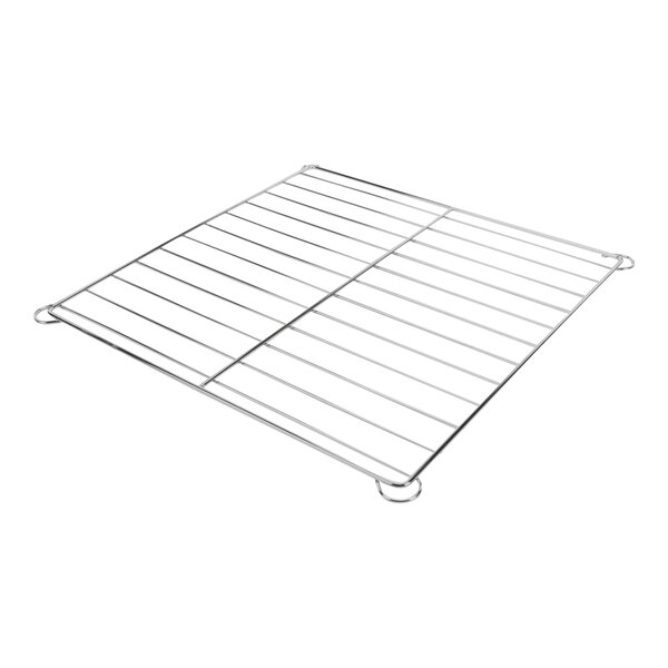 A metal rack with metal legs and a grid on it.