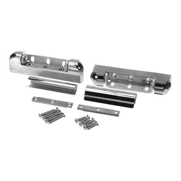 A metal hinge kit assembly with chrome-plated parts, mounting plates, and screws.