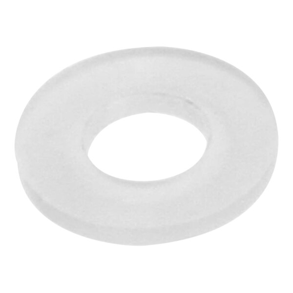 A white nylon flat washer with a hole in the center.