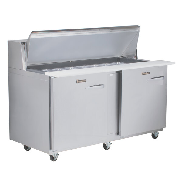 A Traulsen stainless steel refrigerator with two left hinged doors.