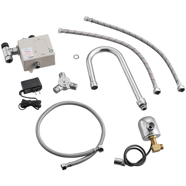 A white Waterloo hands-free sensor faucet kit with plumbing parts.