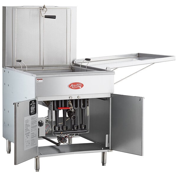 An Avantco natural gas flat bottom fryer with the lid open.