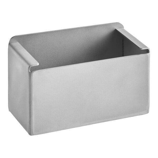 A rectangular stainless steel drip cup with an open top and front, designed for collecting drips in commercial kitchen equipment.