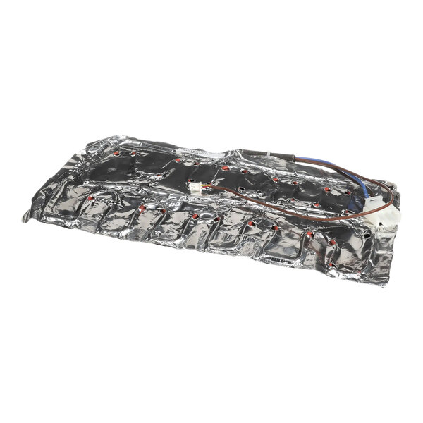 A silver foil heater pad with wires.