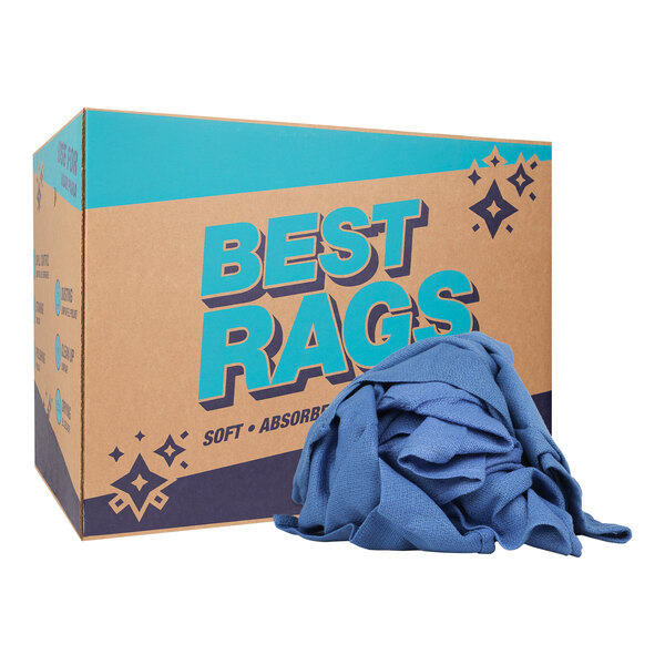 A blue Monarch Brands recycled cotton "OR" wiper next to a box with a blue label.