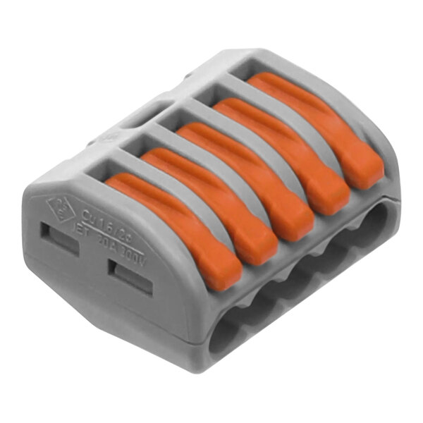 A grey and orange electrical connector with five conductors, including four orange and one white.