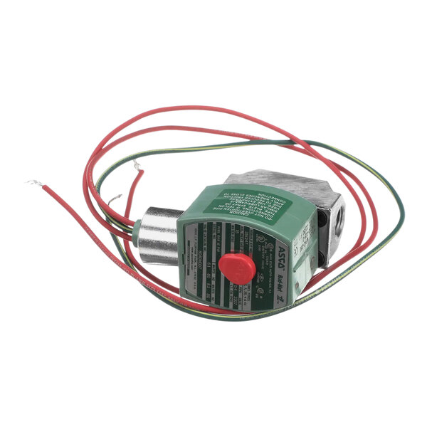 A green and red Giles 2-way solenoid valve with wires.