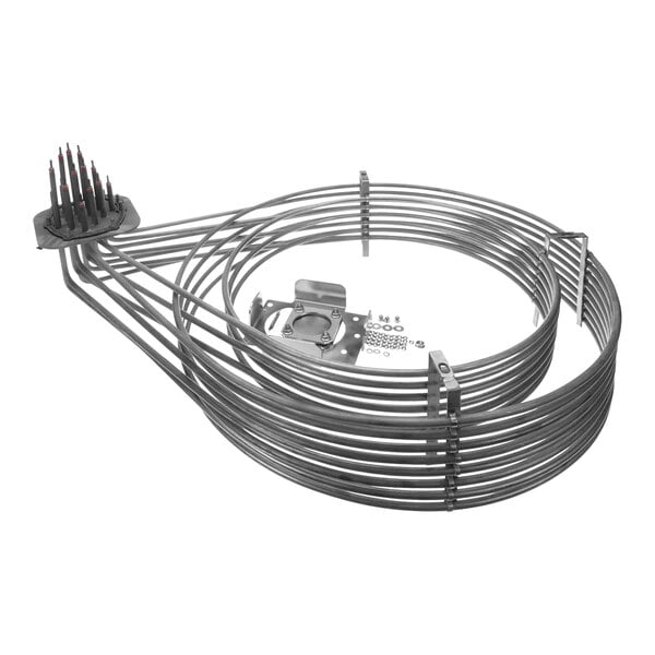 A close-up of the spiraled metal heating element kit with wires.