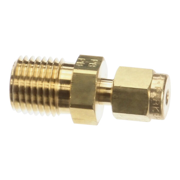 A brass Anets connector with a male threaded end and a female connector.