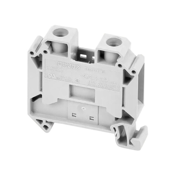 A white plastic Giles 20303 terminal block with two holes.
