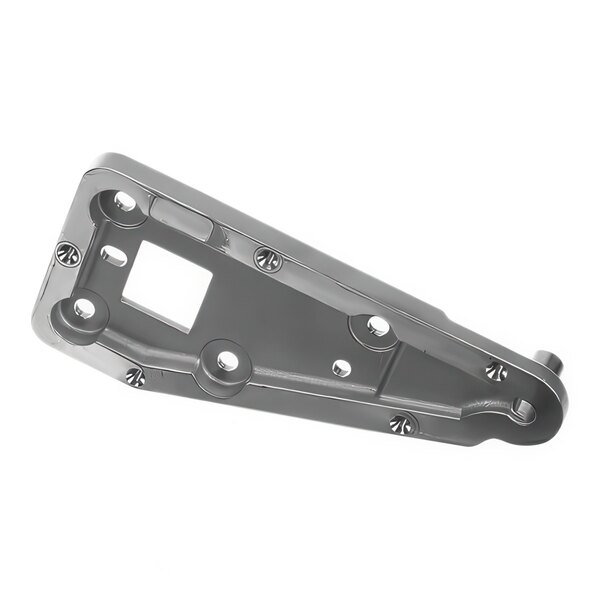 An Alto-Shaam metal hinge with holes on a white background.