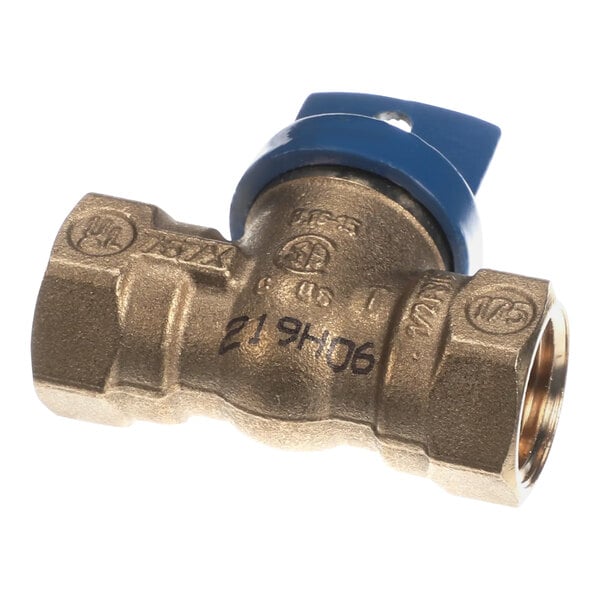 A close-up of a Giles brass gas valve with a blue handle.