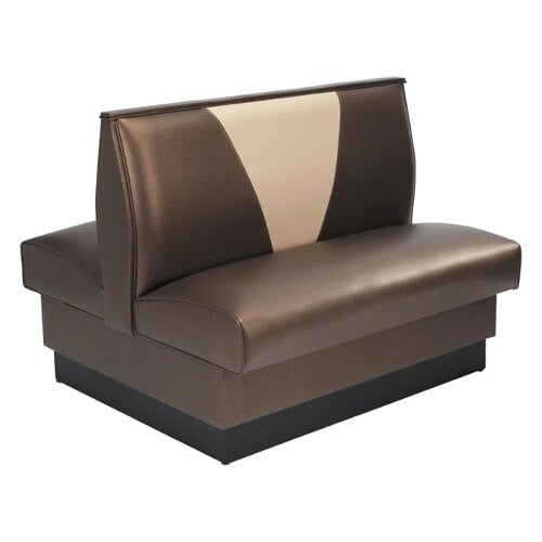 A brown and beige American Tables & Seating double V shape back booth with a black seat.