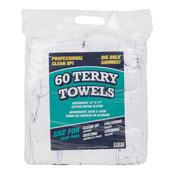 A bag of white Monarch Brands bar mop terry towels.