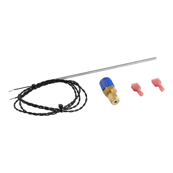 A set of components including a long metal probe, a coiled black wire with exposed ends, a brass and blue fitting, and two small pink plastic connectors, all arranged on a white background.