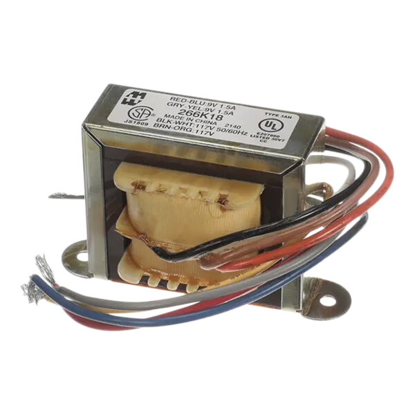 A close up of a Giles 20366 Transformer, a small metal box with wires inside.