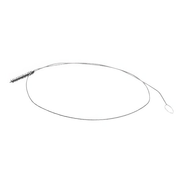 A black oval brush on a white string with a small hook on the end.