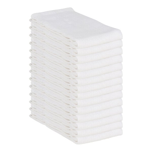 A stack of Monarch Brands white huck towels.