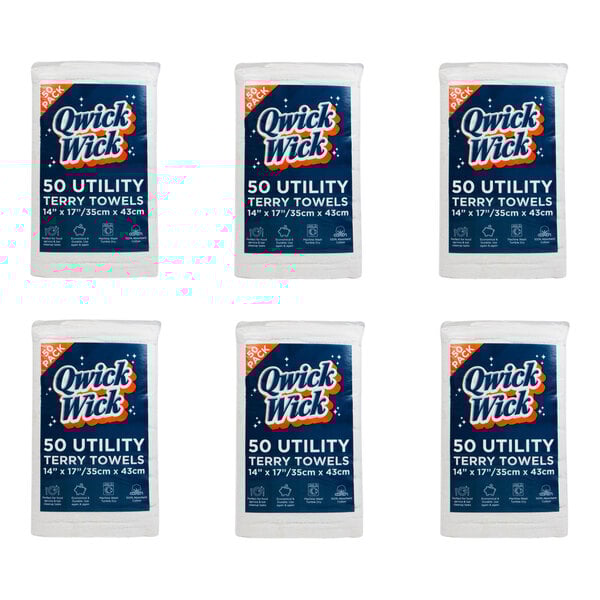 A blue and white package with white text containing a group of Monarch Brands Qwick Wick white utility terry towels.