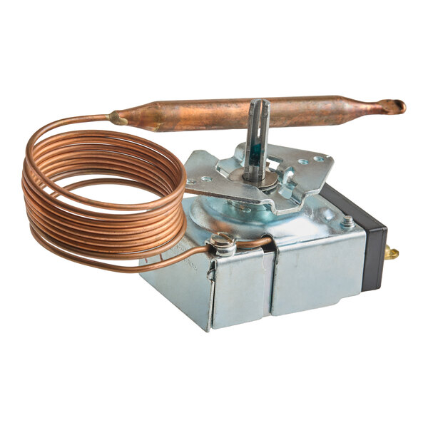 A metal thermostat with a coiled copper sensor tube, designed for temperature control in electrical appliances.