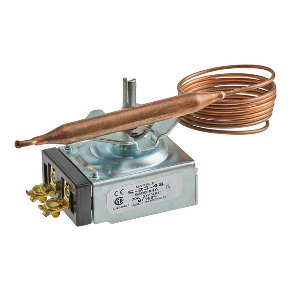 A metal thermostat with a coiled copper sensor and electrical terminals, designed for temperature control in the 60-250 degree range at 208-240V.