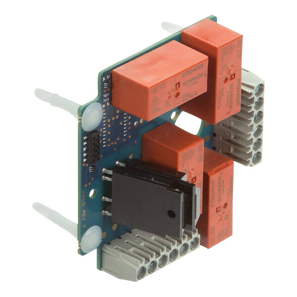 A Giles high voltage SSR board kit with red and orange boxes on a circuit board.