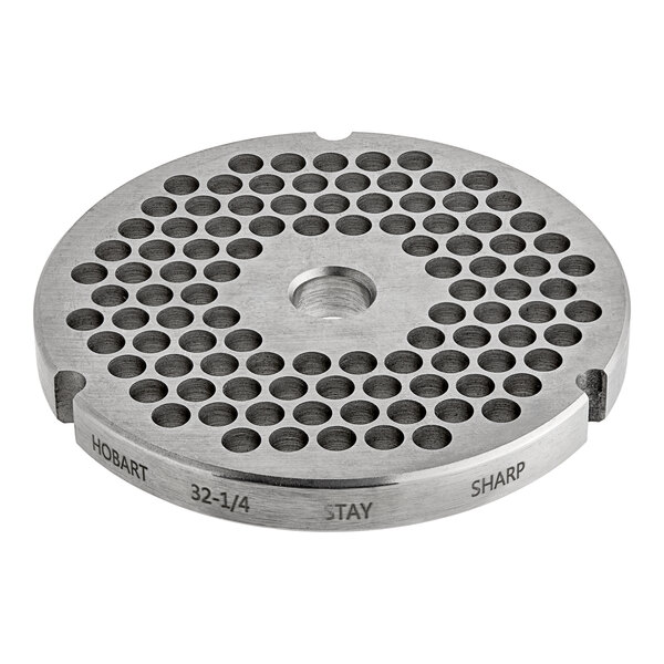 A Hobart stainless steel meat grinder plate with circular holes.