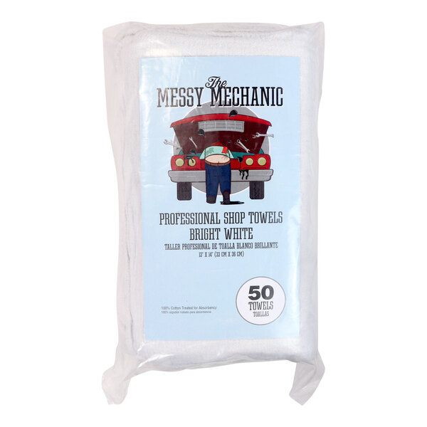 A bag of Monarch Brands white shop towels with a picture of a car on it.