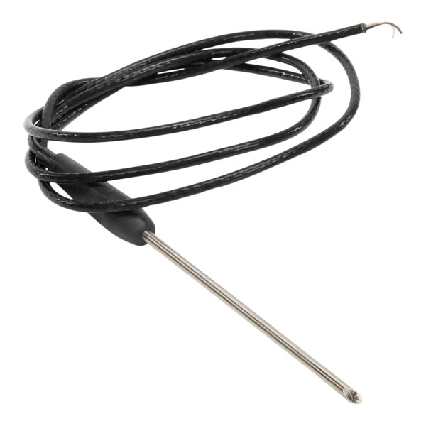 A black cable with a long metal handle.