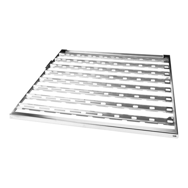 A stainless steel metal rack with rows of holes.