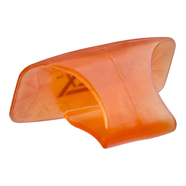An orange plastic Lavex toilet bowl clip with black text.