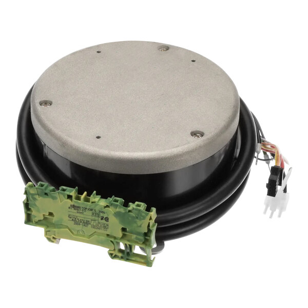 A round black and grey motor driver with a green plastic piece and wires.