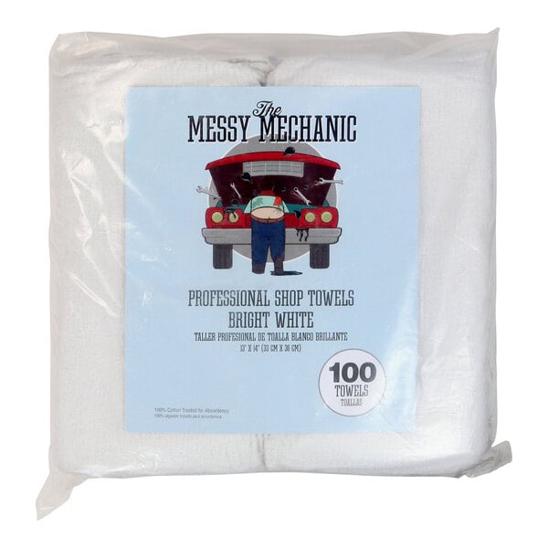 A bag of white Monarch Brands Messy Mechanic shop towels.