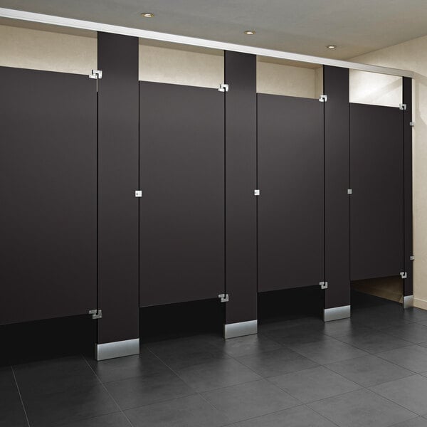 A row of black ASI Accurate Partitions bathroom stall partitions.