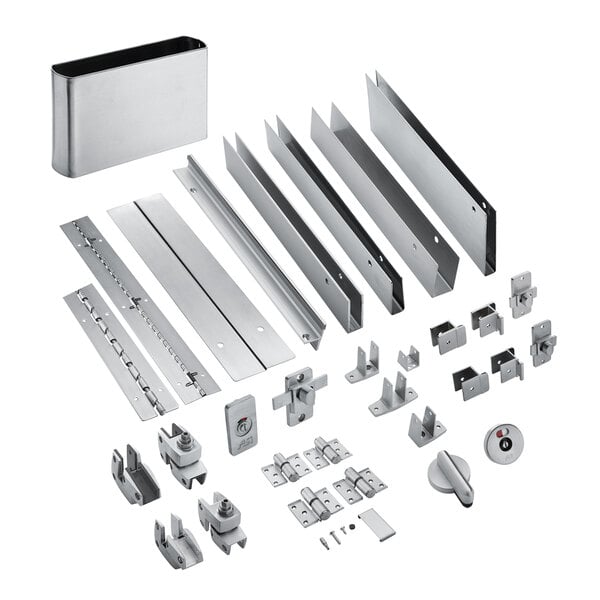Several stainless steel metal hinges for an ASI Accurate Partitions bathroom stall partition.