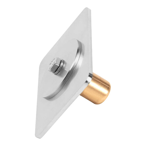 A metal bearing bracket for a rotisserie oven with a brass nut.