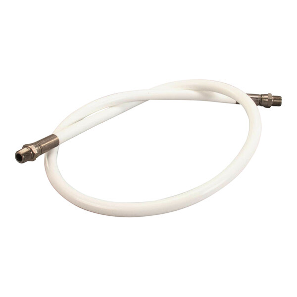 A white hose with two metal connectors.