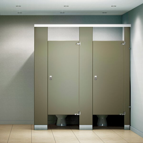 An ASI Accurate Partitions black core phenolic bathroom stall with two doors.