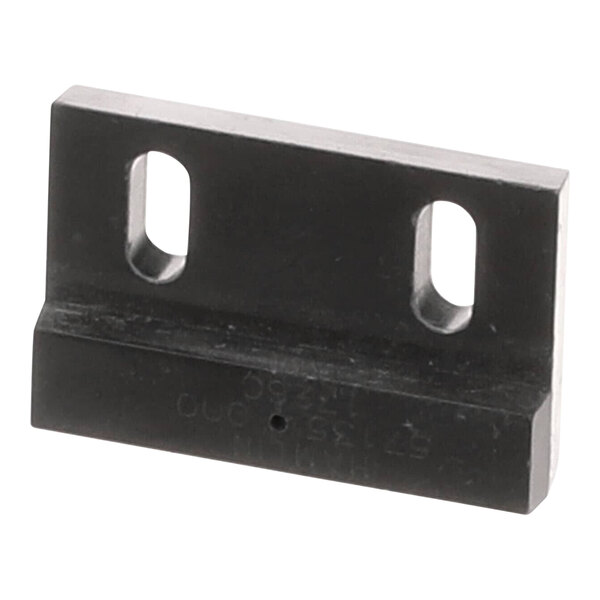 A black rectangular metal Anets proximity switch plate with holes.