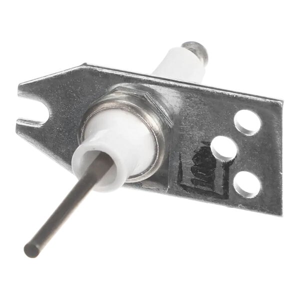 A metal piece with a white and silver screw.