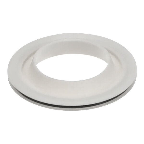 A white circular object with a black band.
