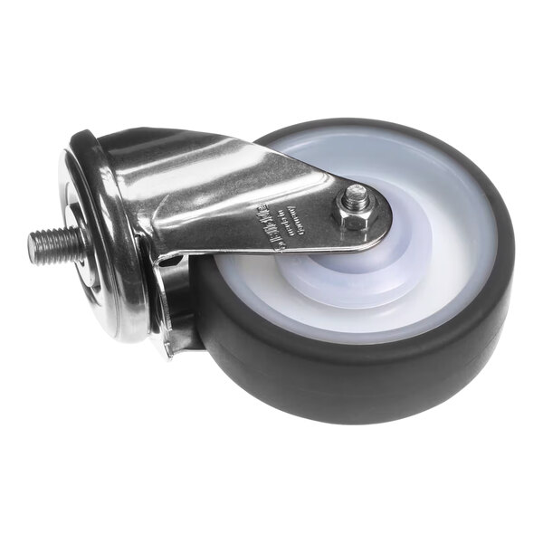 A metal and white plastic swivel caster wheel.