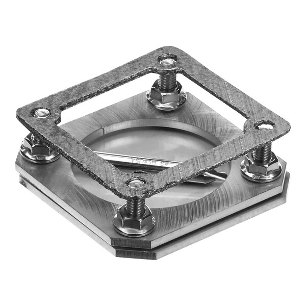 A metal square with screws on it.