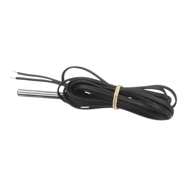 A black wire with a white cord wrapped in rubber.