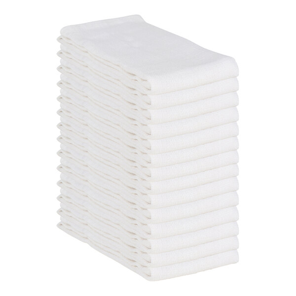 A stack of Monarch Brands white huck towels.