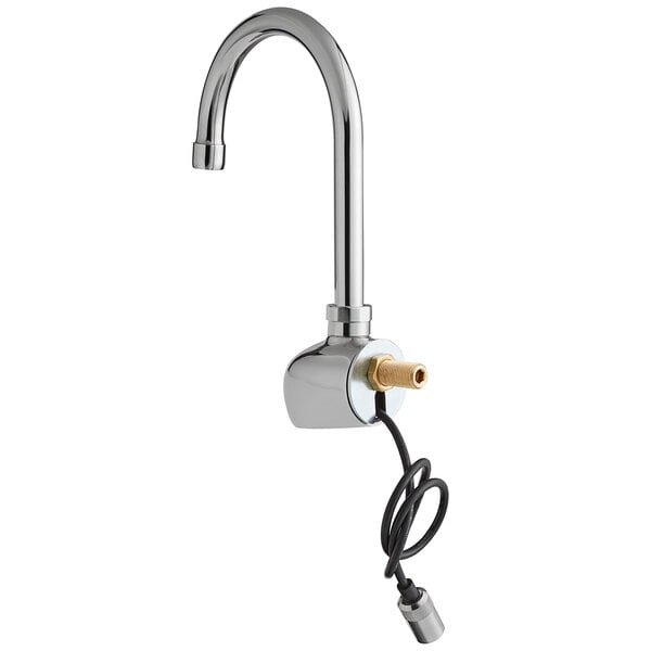 A close-up of a Waterloo chrome hands-free sensor faucet with gooseneck spout.