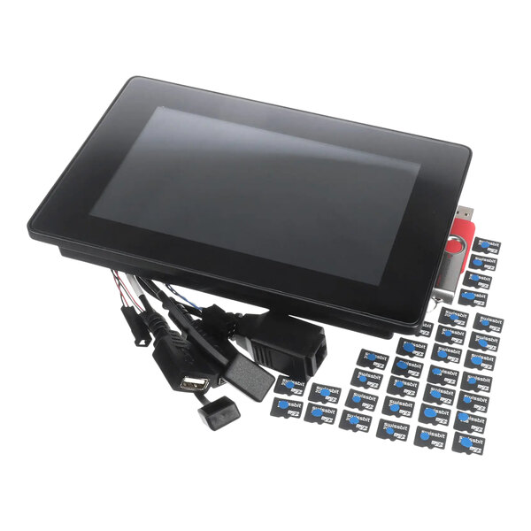 A white tablet with a black rectangular screen and wires.